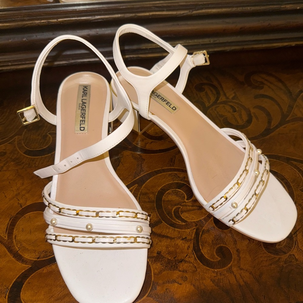 Karl Lagerfeld White and Gold Chain Sandals